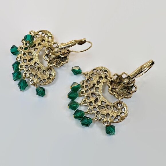 Boho Earrings, Joan River, Gold, Green, Bohemian, Crystal, Rhinestone, Mogul - Picture 3 of 5